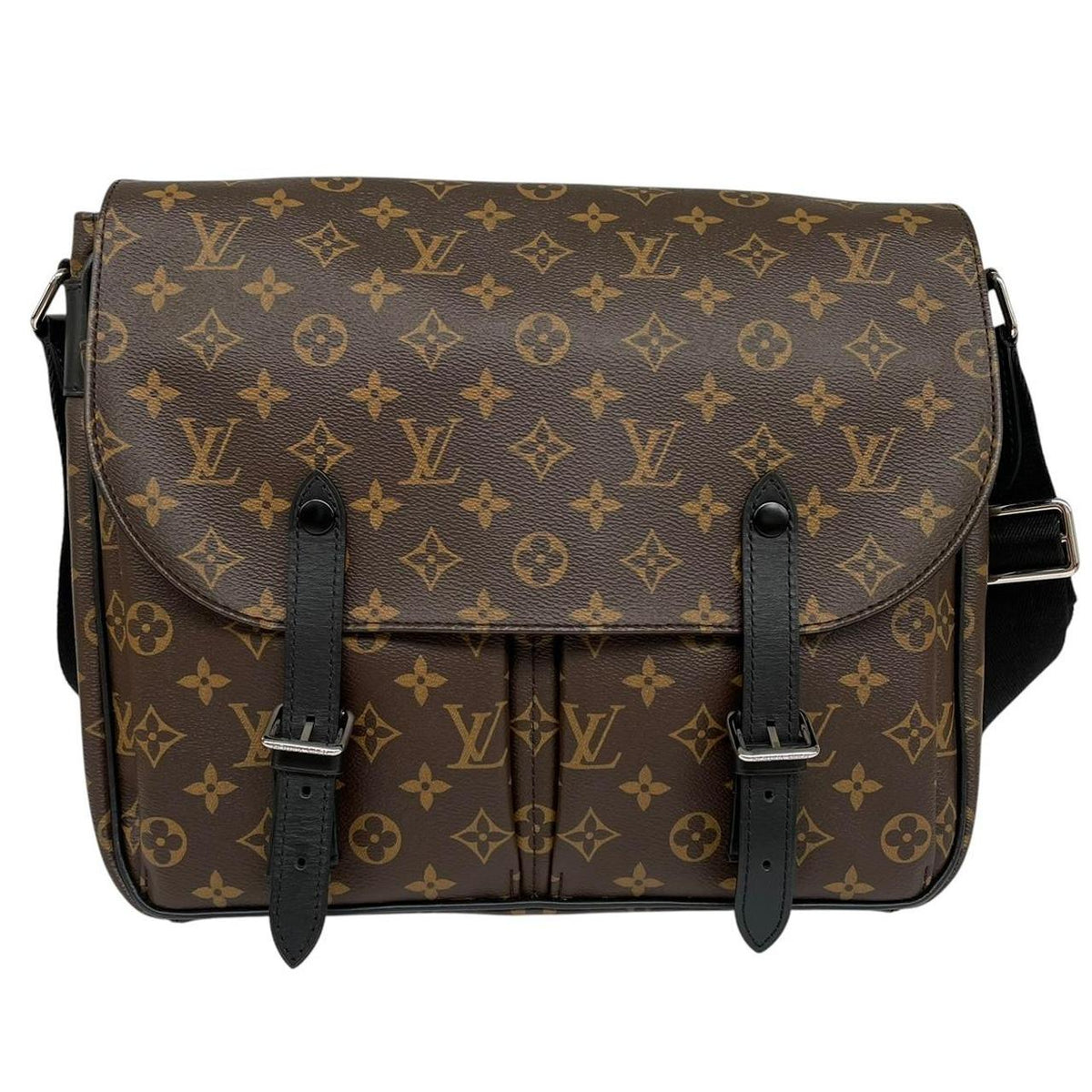 Louis Vuitton brown canvas messenger bag with monogram pattern and silver hardware.