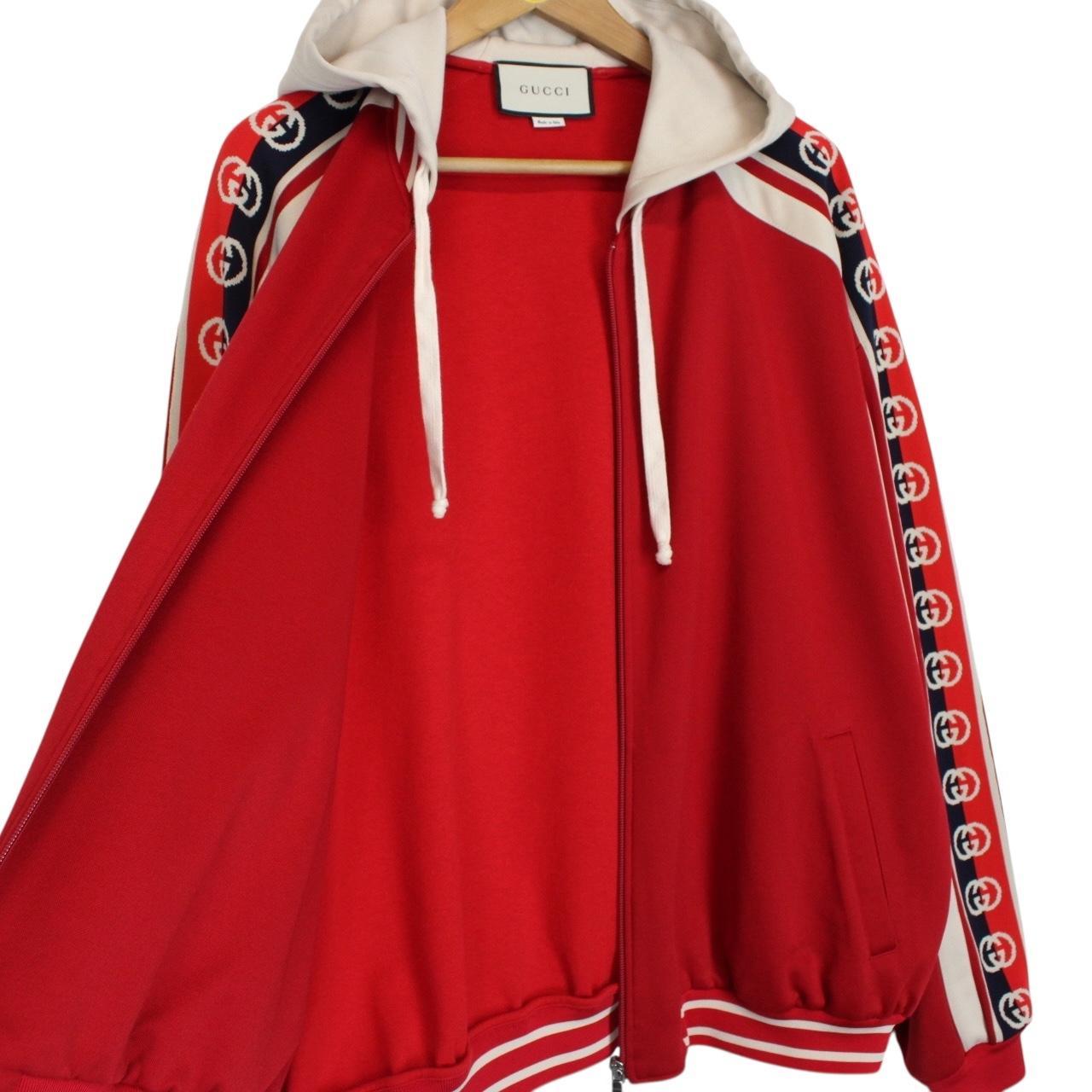 Gucci Red and Cream Taped Logo Full Zip Tech Jersey Hoodie Jumper