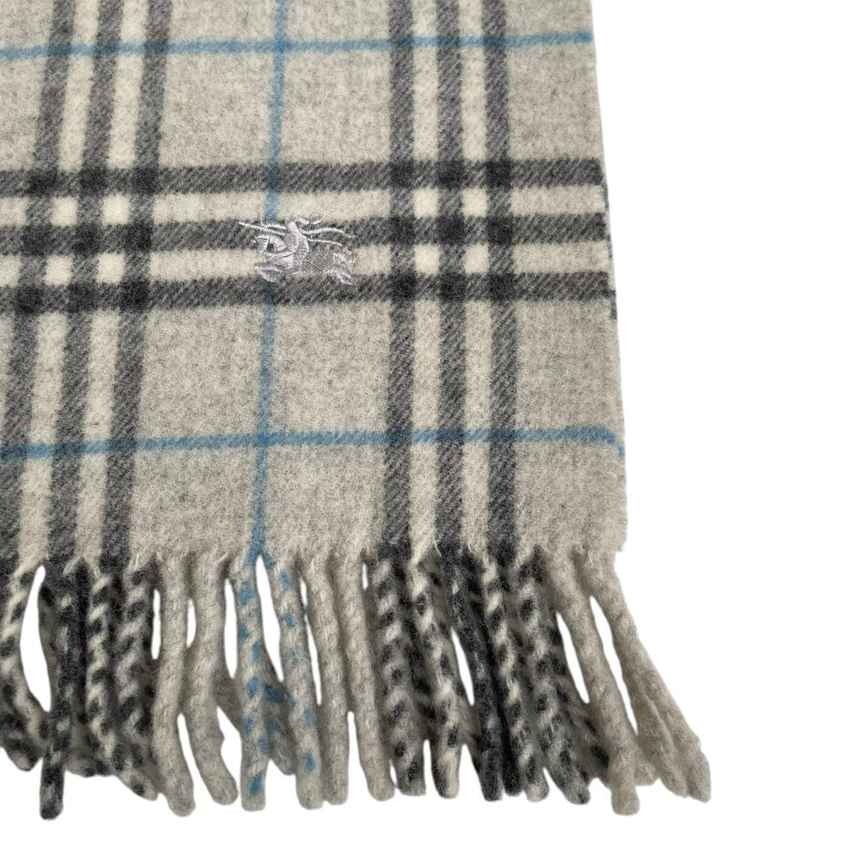 Burberry grey lambswool scarf featuring classic Nova Check pattern and frayed edges.