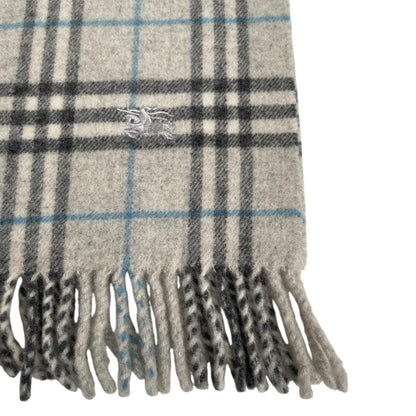 Burberry grey lambswool scarf featuring classic Nova Check pattern and frayed edges.