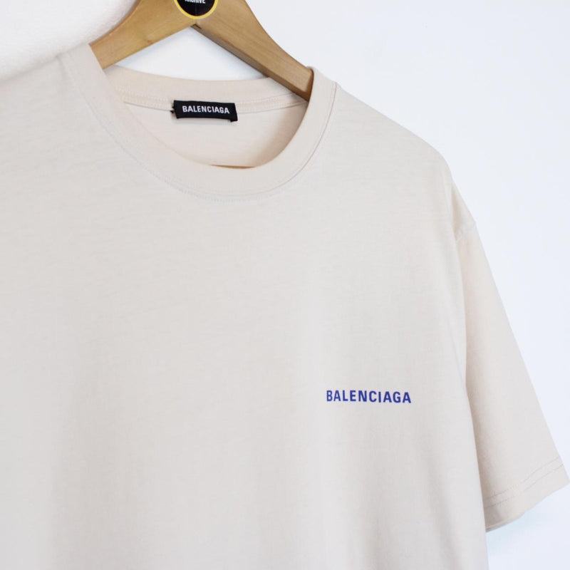 Balenciaga Cream and Blue Back Logo Print Short Sleeve T-Shirt