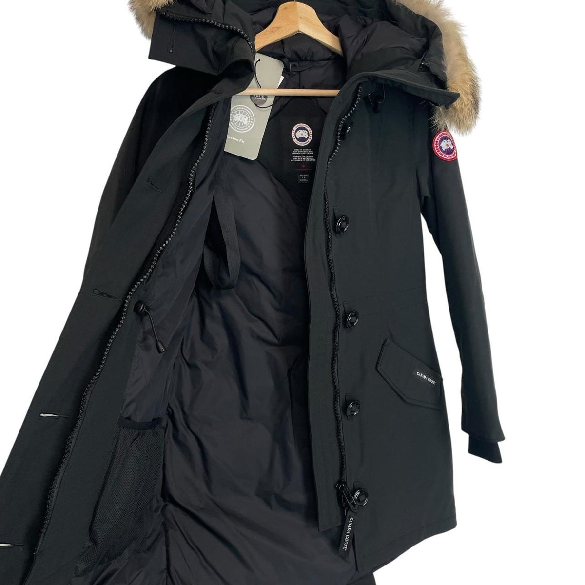 Canada Goose black parka coat with fur trim and logo patch, brand new with tags.