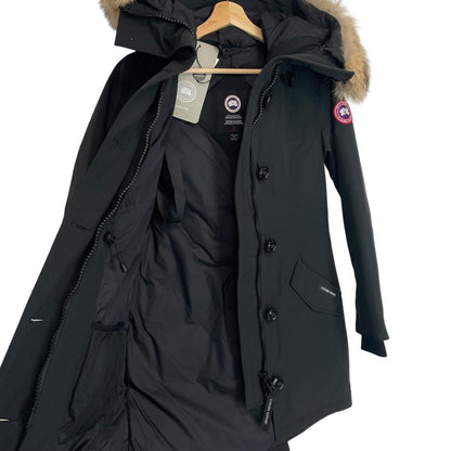 Canada Goose black parka coat with fur trim and logo patch, brand new with tags.