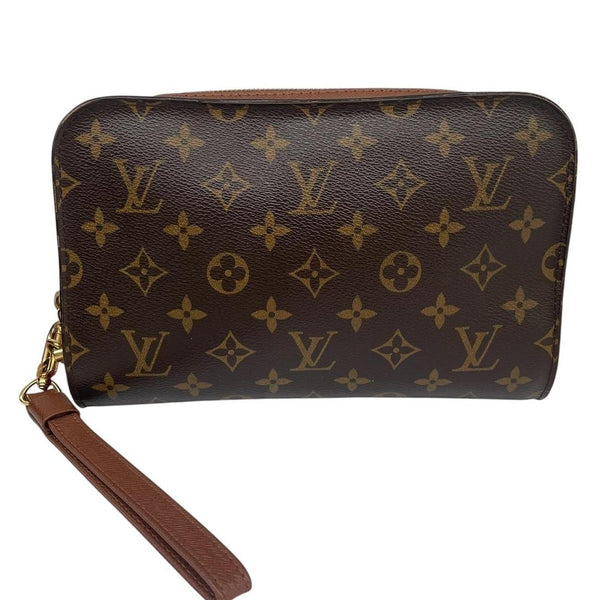 Louis Vuitton brown and tan monogram Orsay clutch bag with iconic logo pattern.