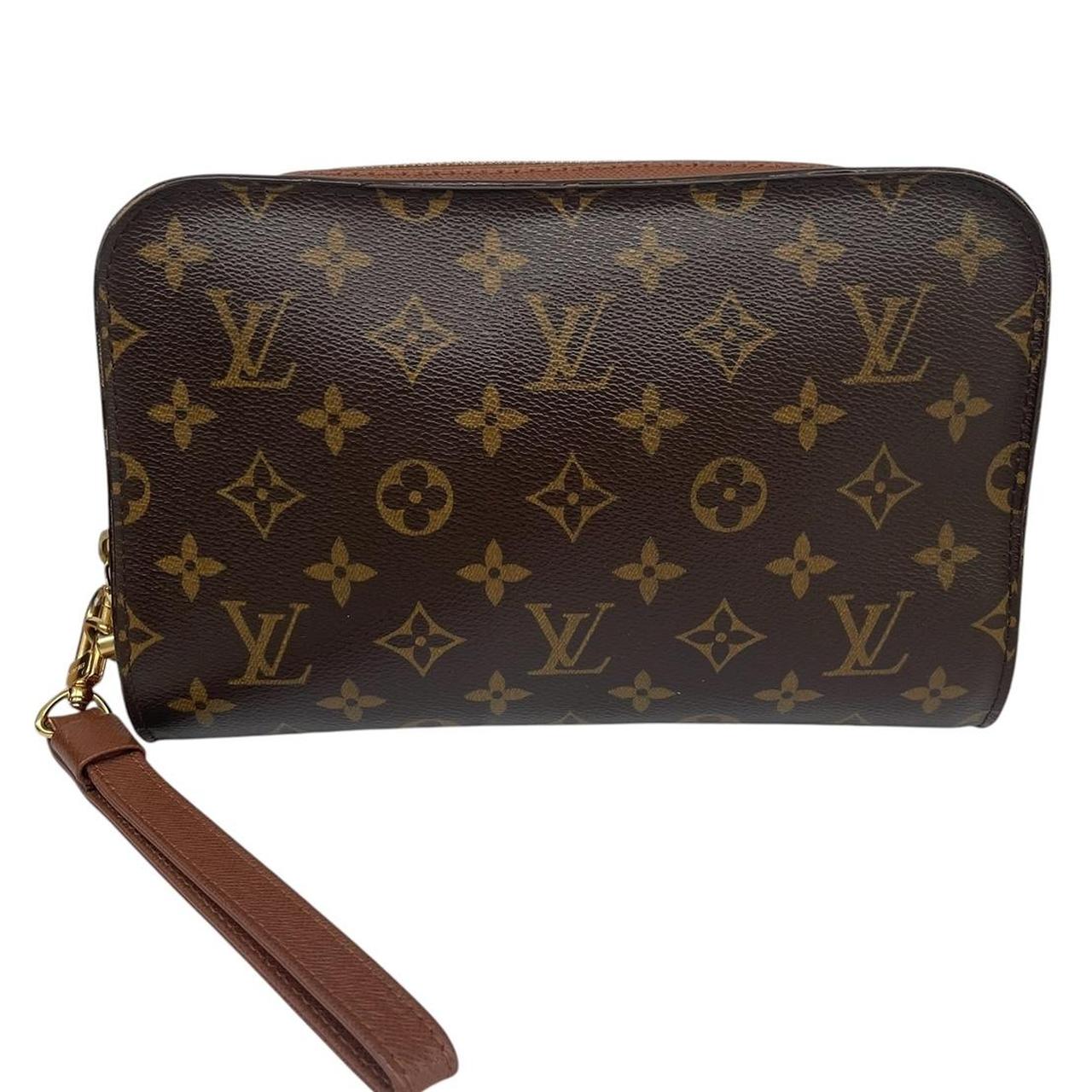 Louis Vuitton brown and tan monogram Orsay clutch bag with iconic logo pattern.
