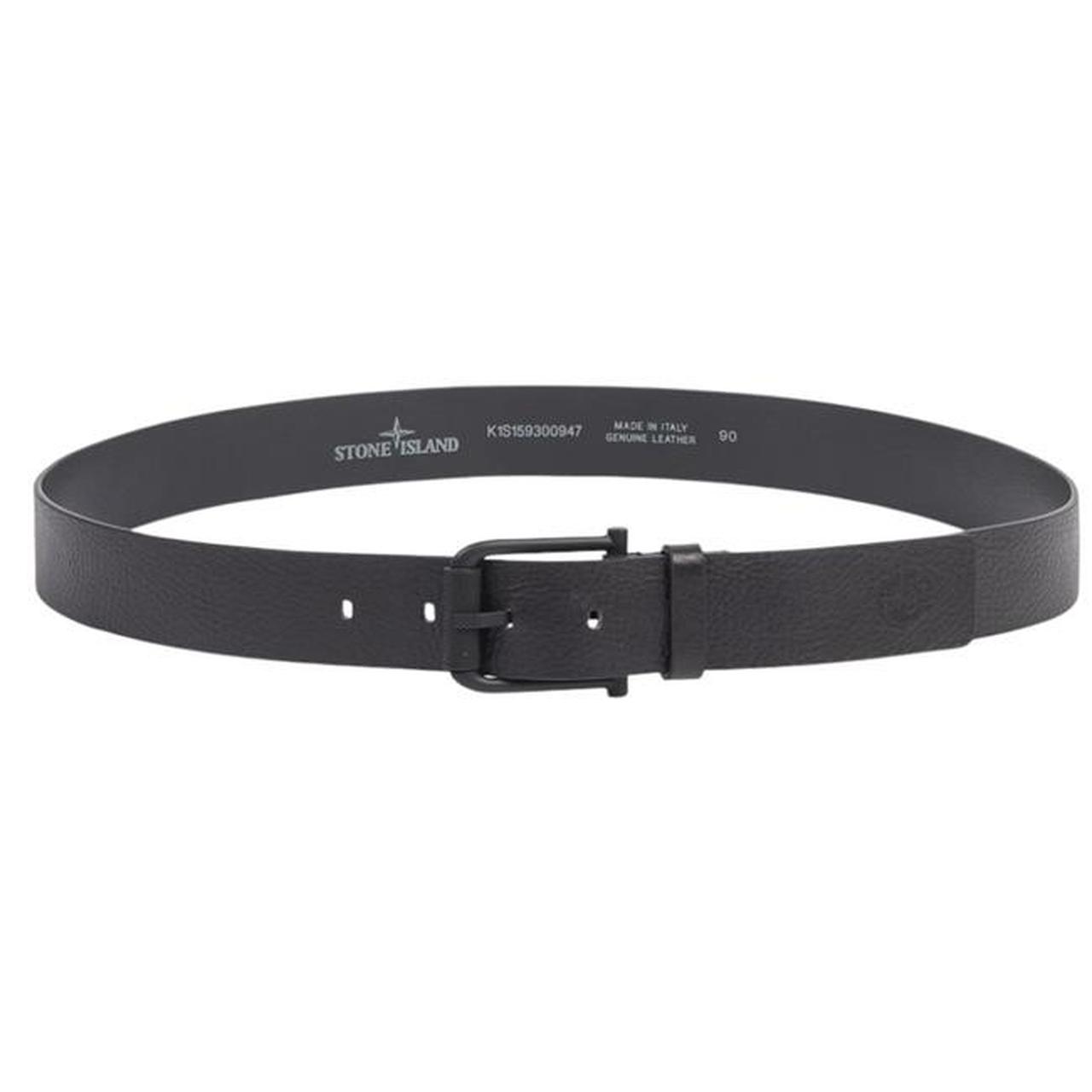 Stone Island black tumbled leather belt with debossed Compass logo and textured metal buckle.