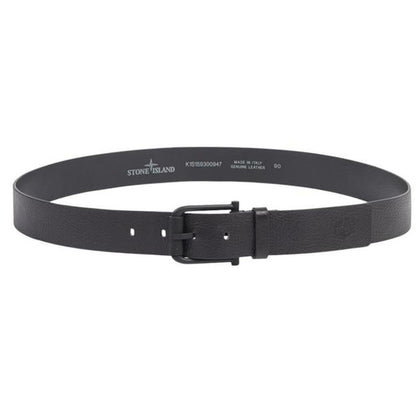 Stone Island black tumbled leather belt with debossed Compass logo and textured metal buckle.