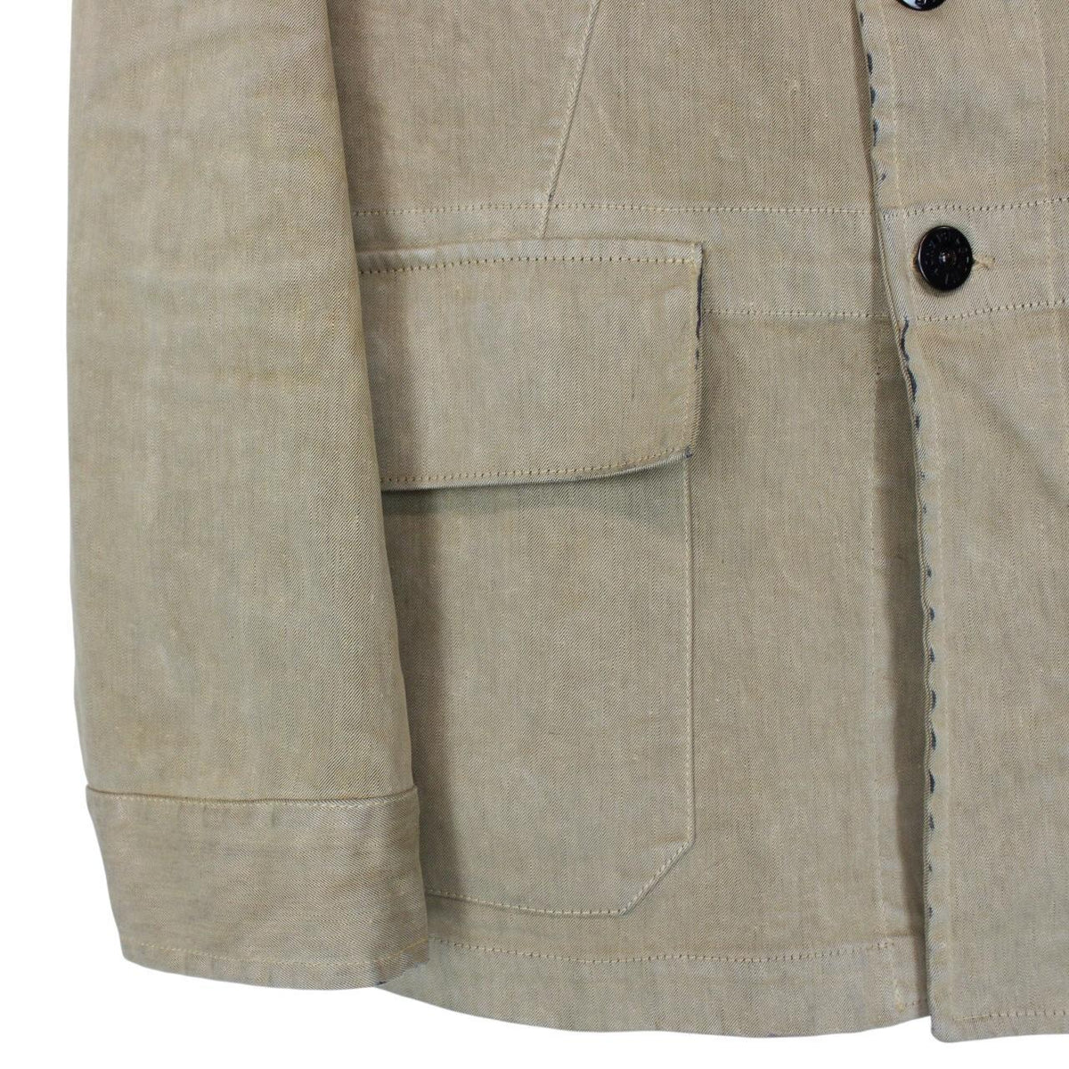 Stone Island beige multi-pocket jacket with logo patch and linen material.