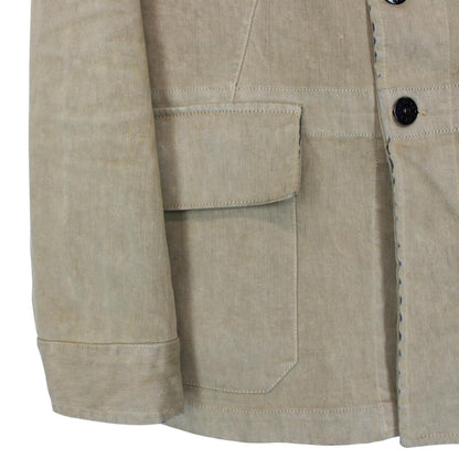 Stone Island beige multi-pocket jacket with logo patch and linen material.