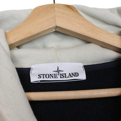 Stone Island beige and navy blue cotton hoodie with logo patch and drawstring hood.