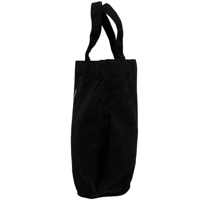 Yves Saint Laurent black duffel bag with gold embroidery and logo detail.