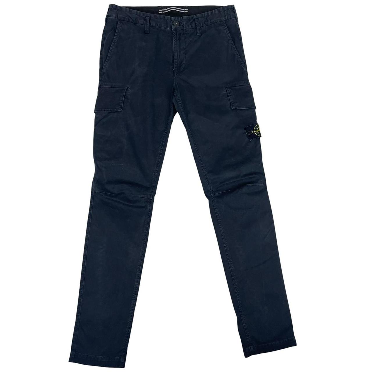 Stone Island navy blue skinny fit cargo trousers with logo patch and pockets.