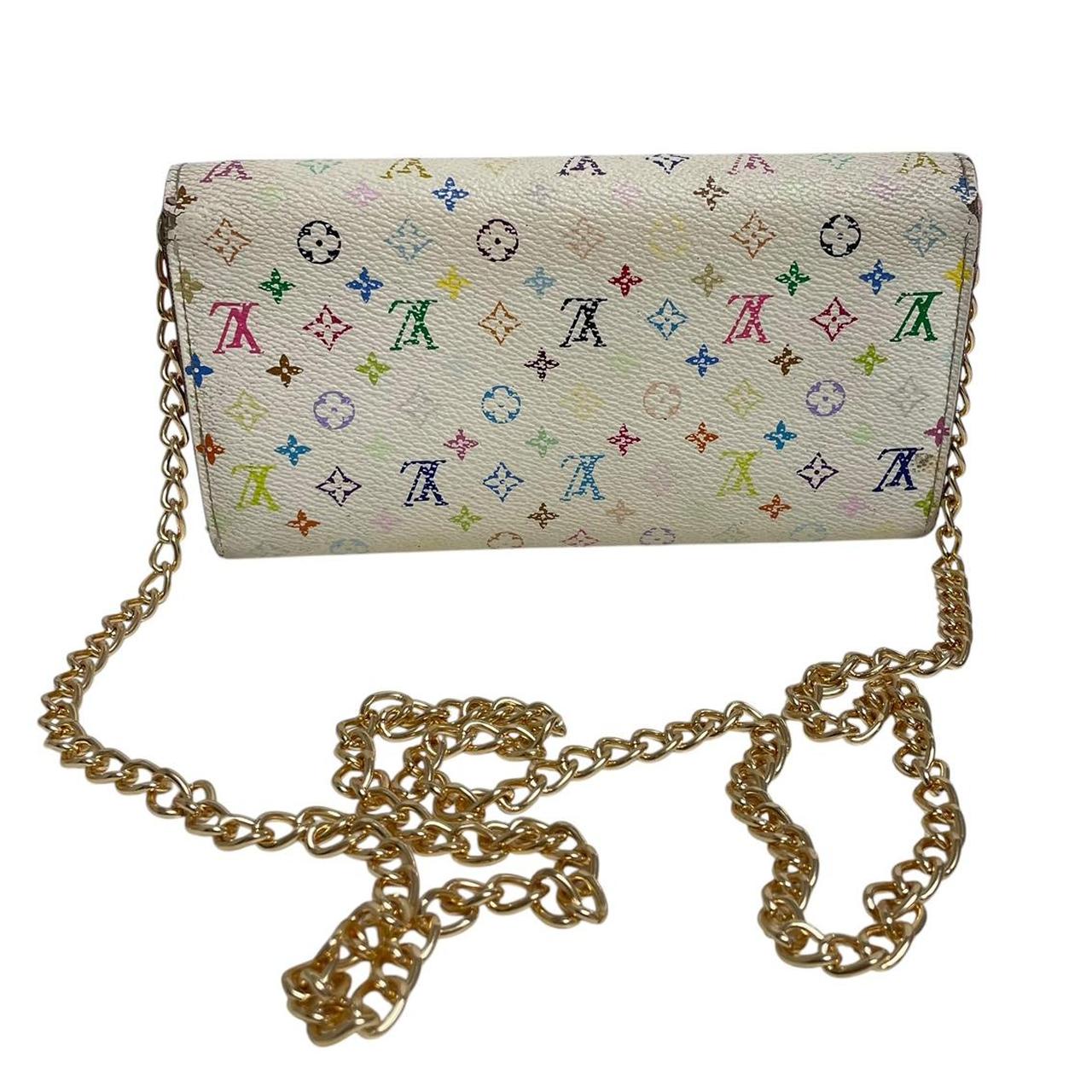 Louis Vuitton white crossbody wallet with multicoloured monogram and gold strap.