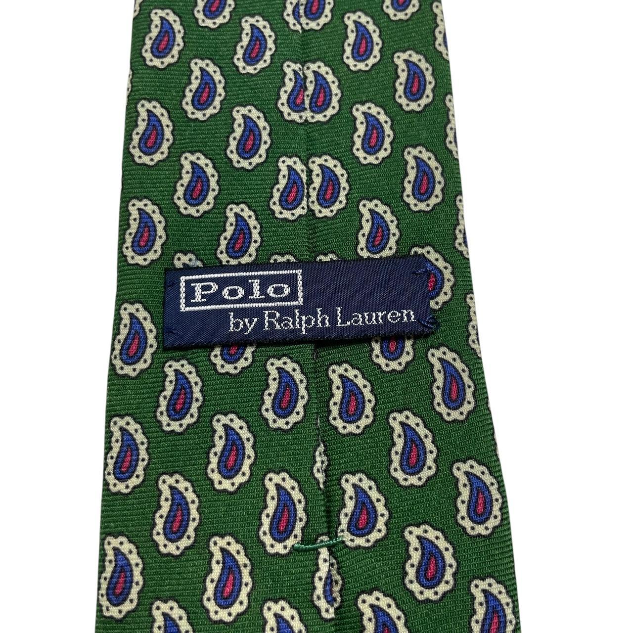 Polo Ralph Lauren green silk tie with paisley print pattern and logo detail.