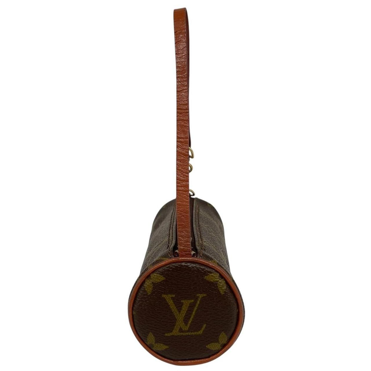 Louis Vuitton brown mini pochette bag with monogram canvas pattern and gold hardware.