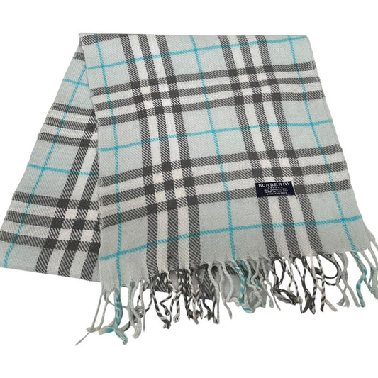 Vintage 90s Burberry Light Blue Nova Check Lambswool Scarf