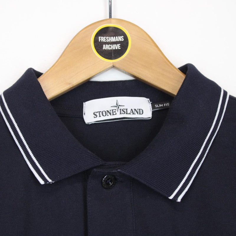 Stone Island Navy Blue and White Short Sleeve Compass Polo Shirt