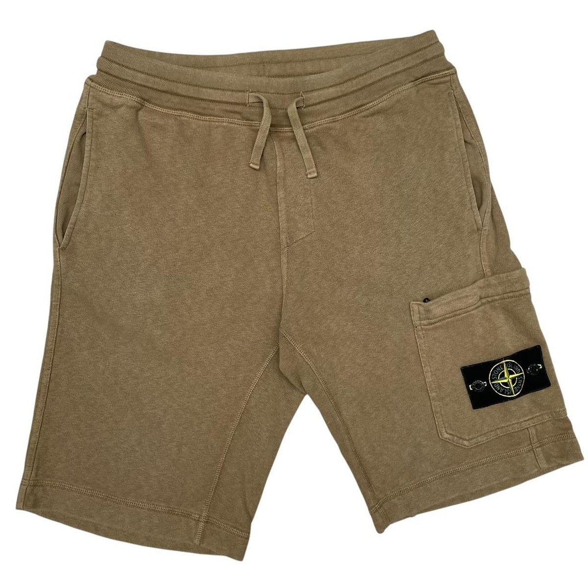 Stone Island khaki brown jogger shorts with logo patch and cotton material.