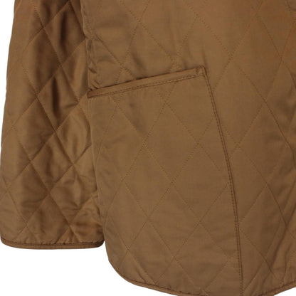 Burberry tan brown diamond quilted jacket with Nova Check lining and logo detail.
