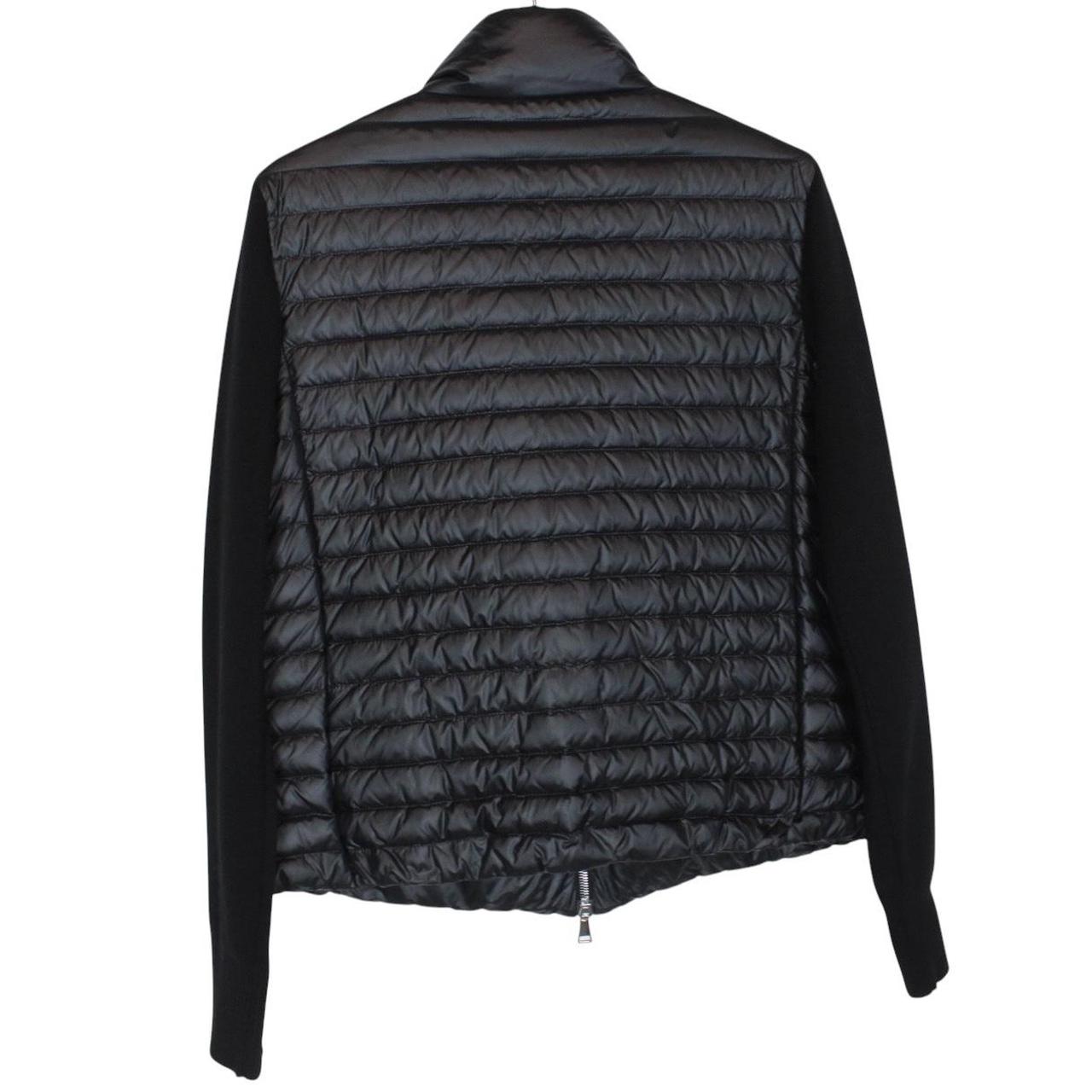 Moncler black cardigan jacket with full zip, down tricot material, and logo detail.