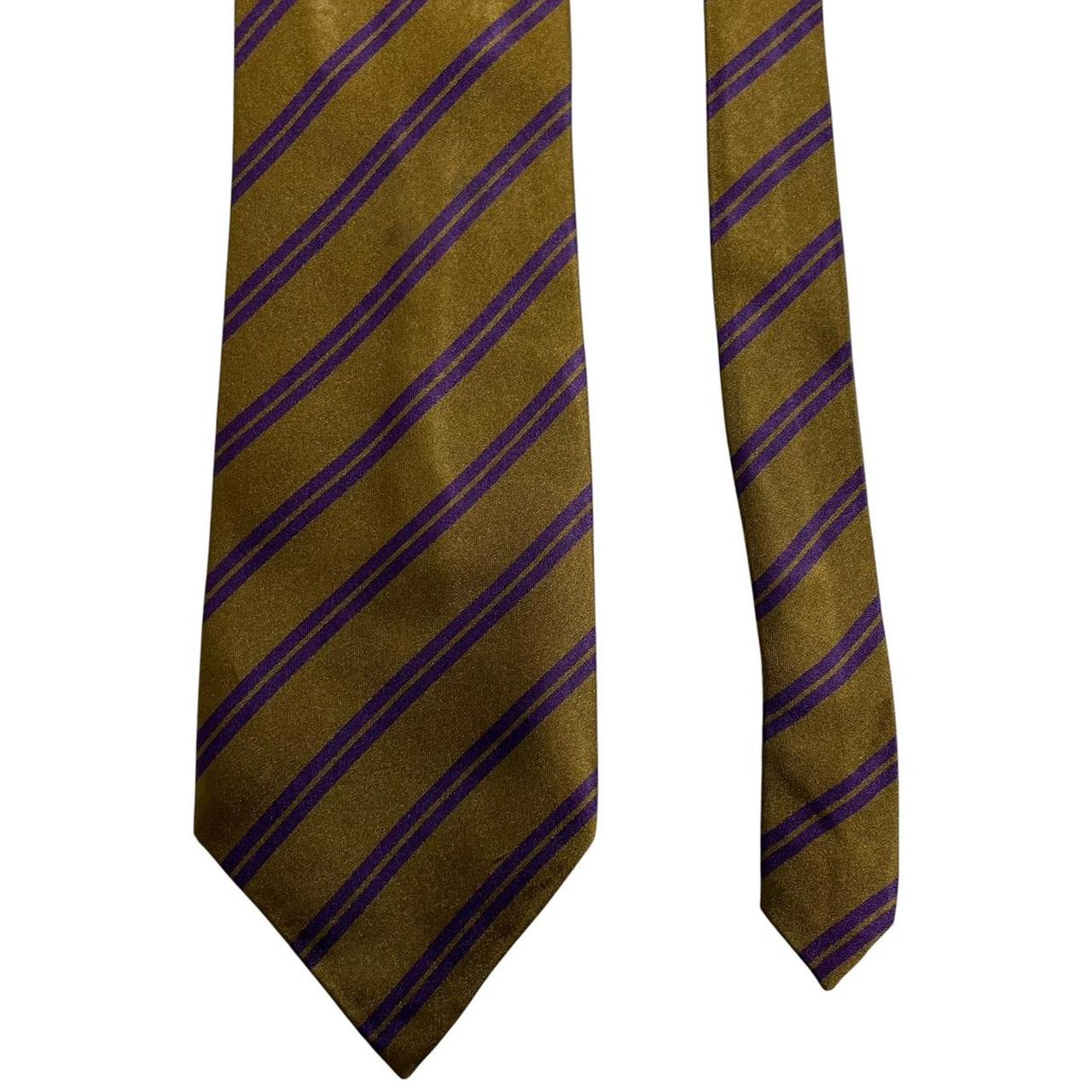 DKNY vintage khaki and purple striped silk tie with diagonal stripes and soft sheen.