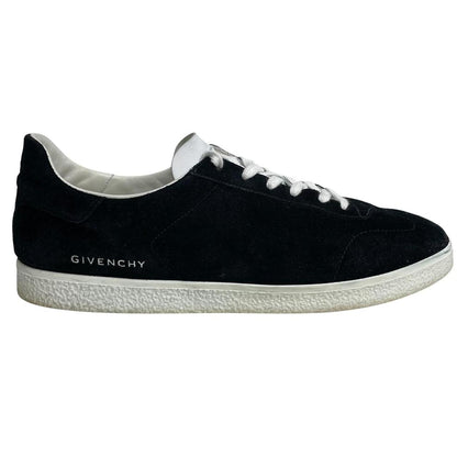 Givenchy trainers black and white suede low-top with logo detail and signs of wear.