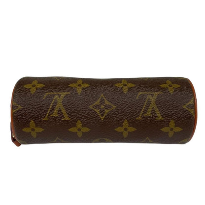Louis Vuitton brown mini pochette bag with monogram canvas pattern and gold hardware.