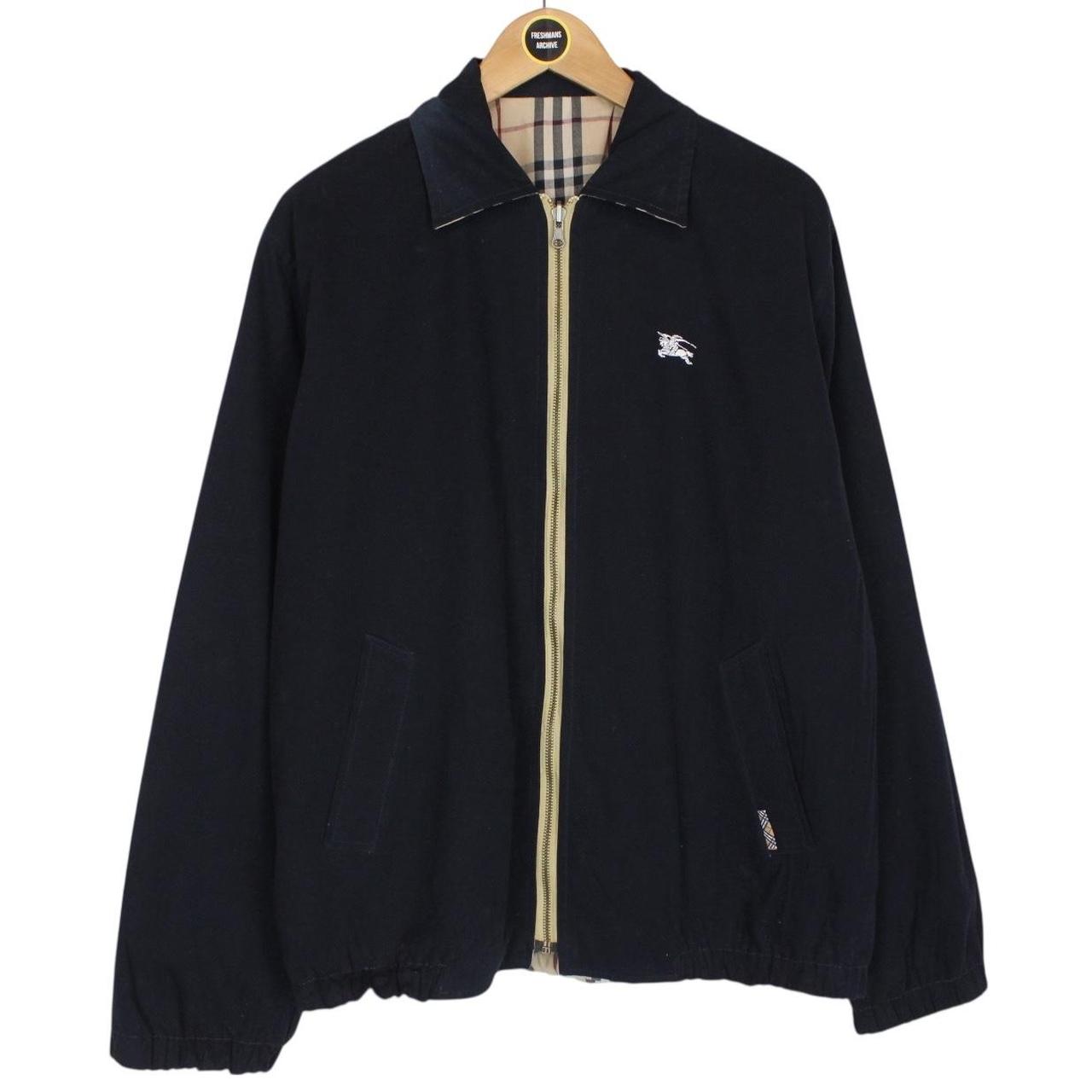 Vintage Burberry London Navy Blue and Tan Brown Nova Check Reversible Harrington