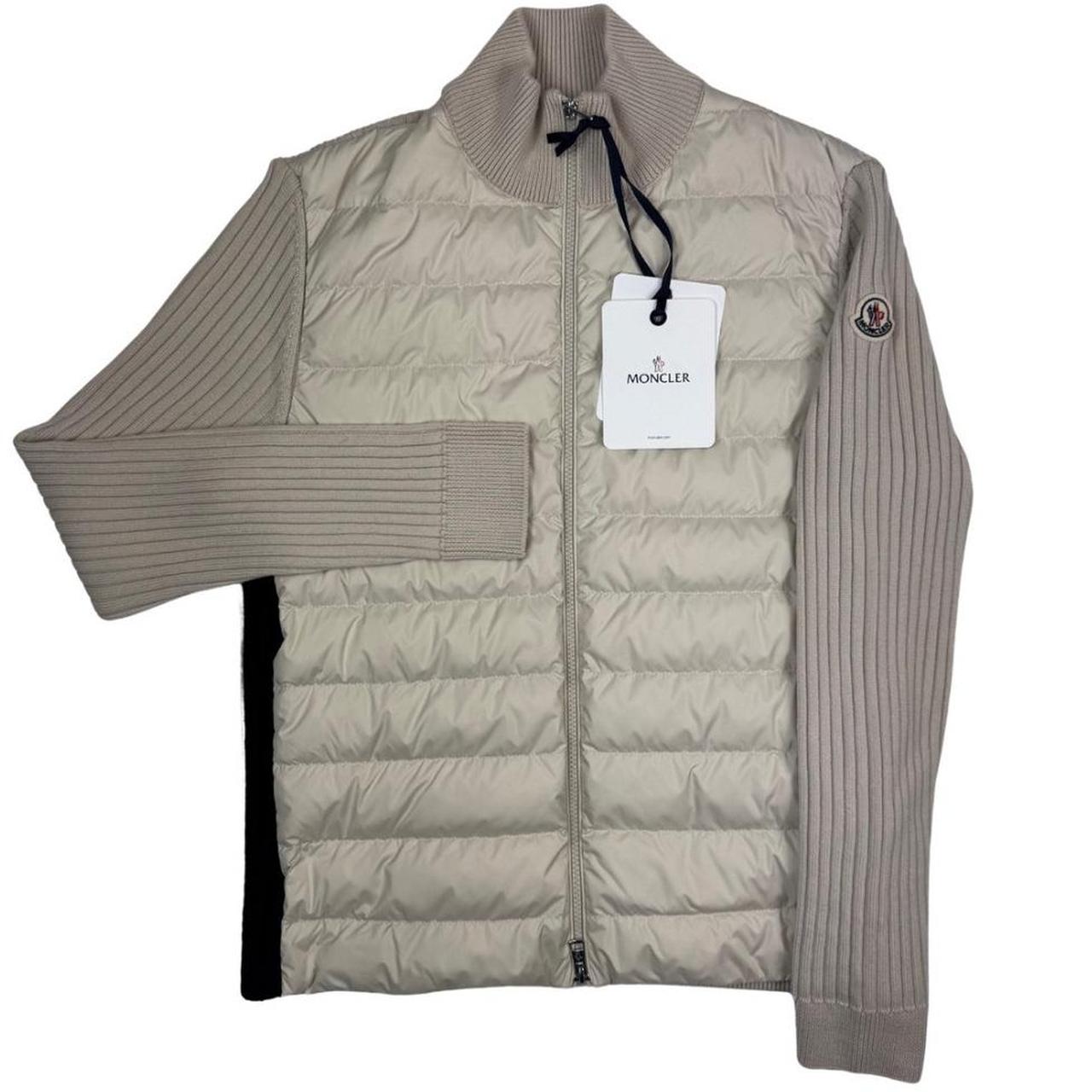 Moncler beige full zip jacket with logo detail and nylon/wool blend material.