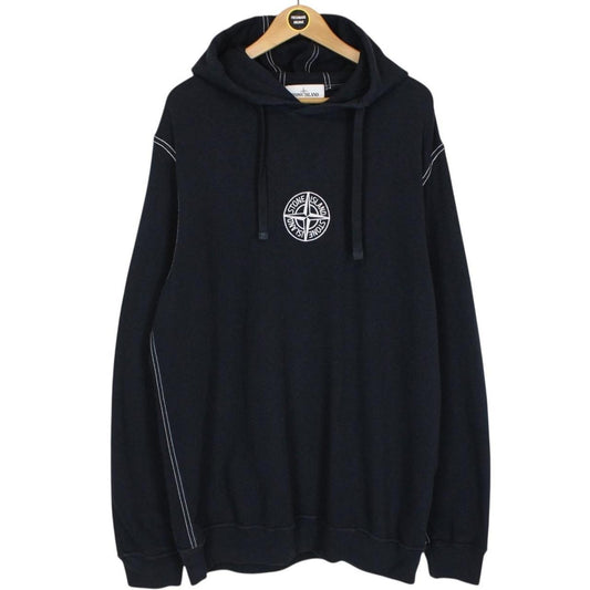 Stone Island SS 2021 Navy Blue Logo Embroidered Cotton Hoodie Jumper