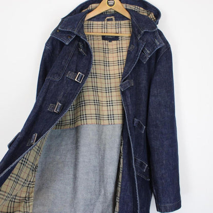 Vintage 00s Burberry London Navy Blue Nova Check Hooded Denim Coat