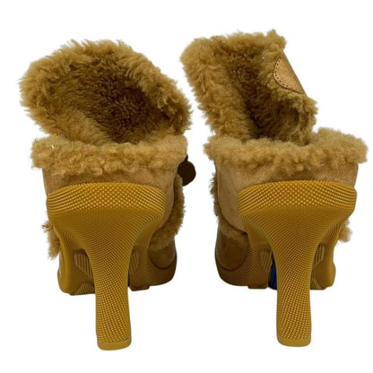 Burberry Tan Brown Highland Shearling Trim Suede Heeled Mules