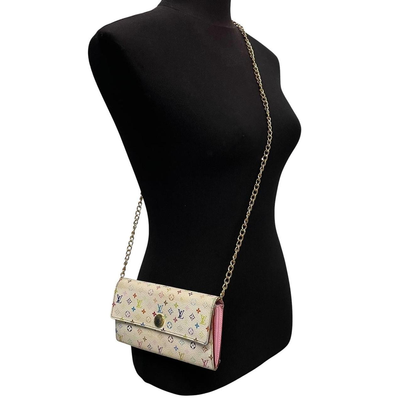 Louis Vuitton white crossbody wallet with multicoloured monogram and gold strap.