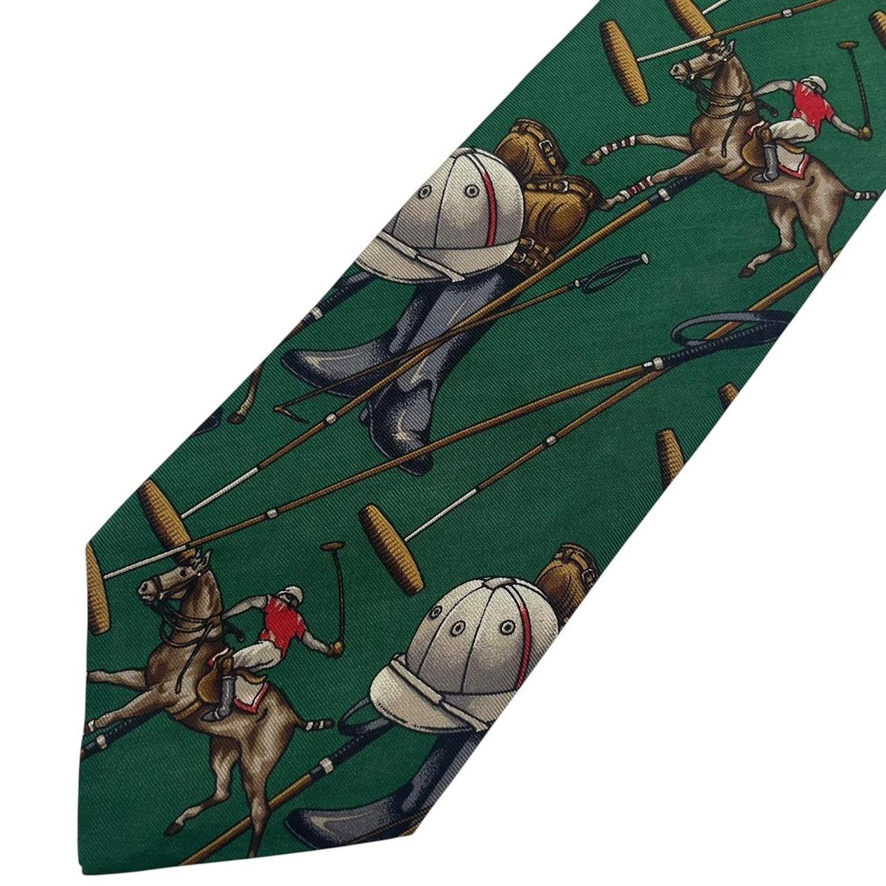 Polo Ralph Lauren green silk tie with equestrian print and logo detail.