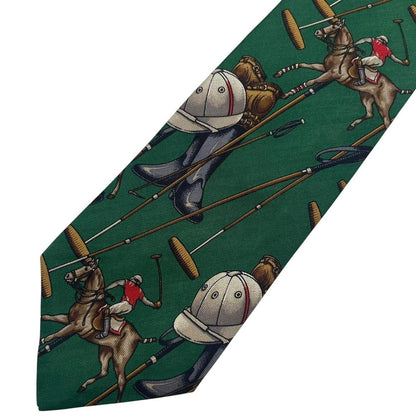 Polo Ralph Lauren green silk tie with equestrian print and logo detail.