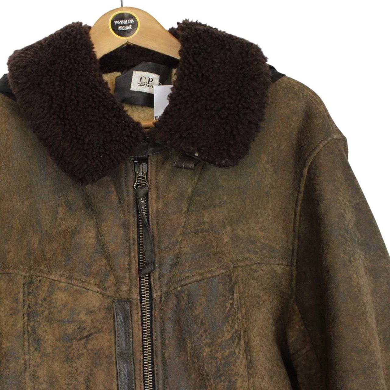CP Company Brown Full Zip Leather Shearling Goggle Jacket