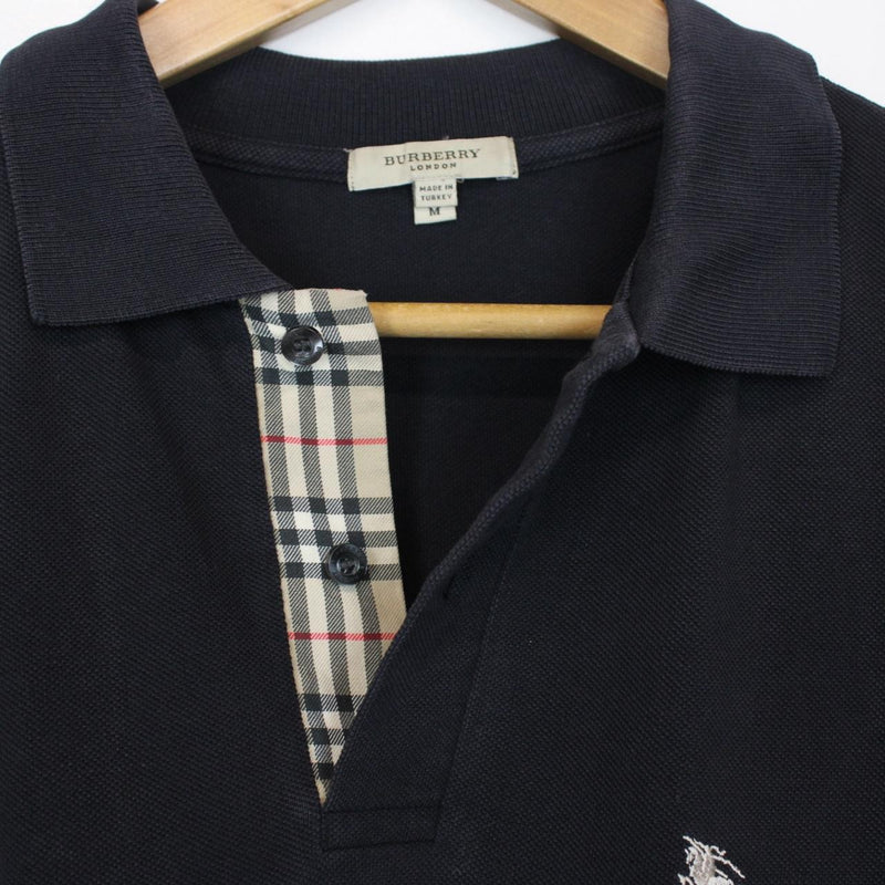 Burberry London Navy Blue Nova Check Detail Short Sleeve Cotton Polo Shirt