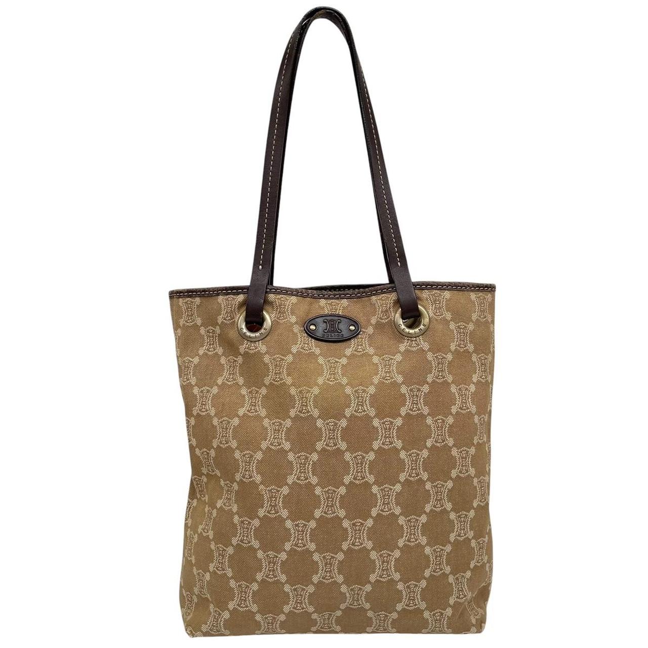 CELINE beige denim tote bag with Macadam pattern and logo detail, pre-loved condition.