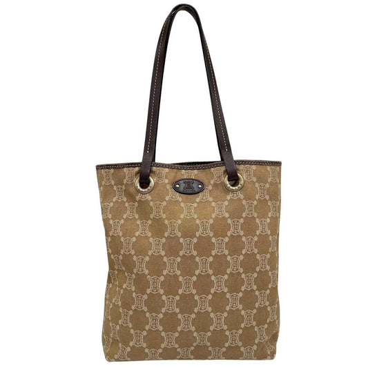 CELINE beige denim tote bag with Macadam pattern and logo detail, pre-loved condition.