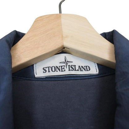 Stone Island navy blue full zip nylon overshirt with logo patch and metal finish.