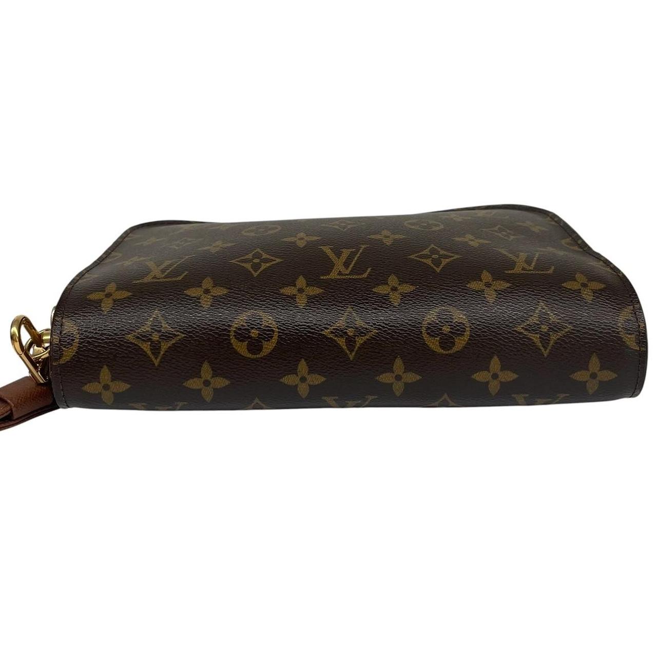 Louis Vuitton brown and tan monogram Orsay clutch bag with iconic logo pattern.