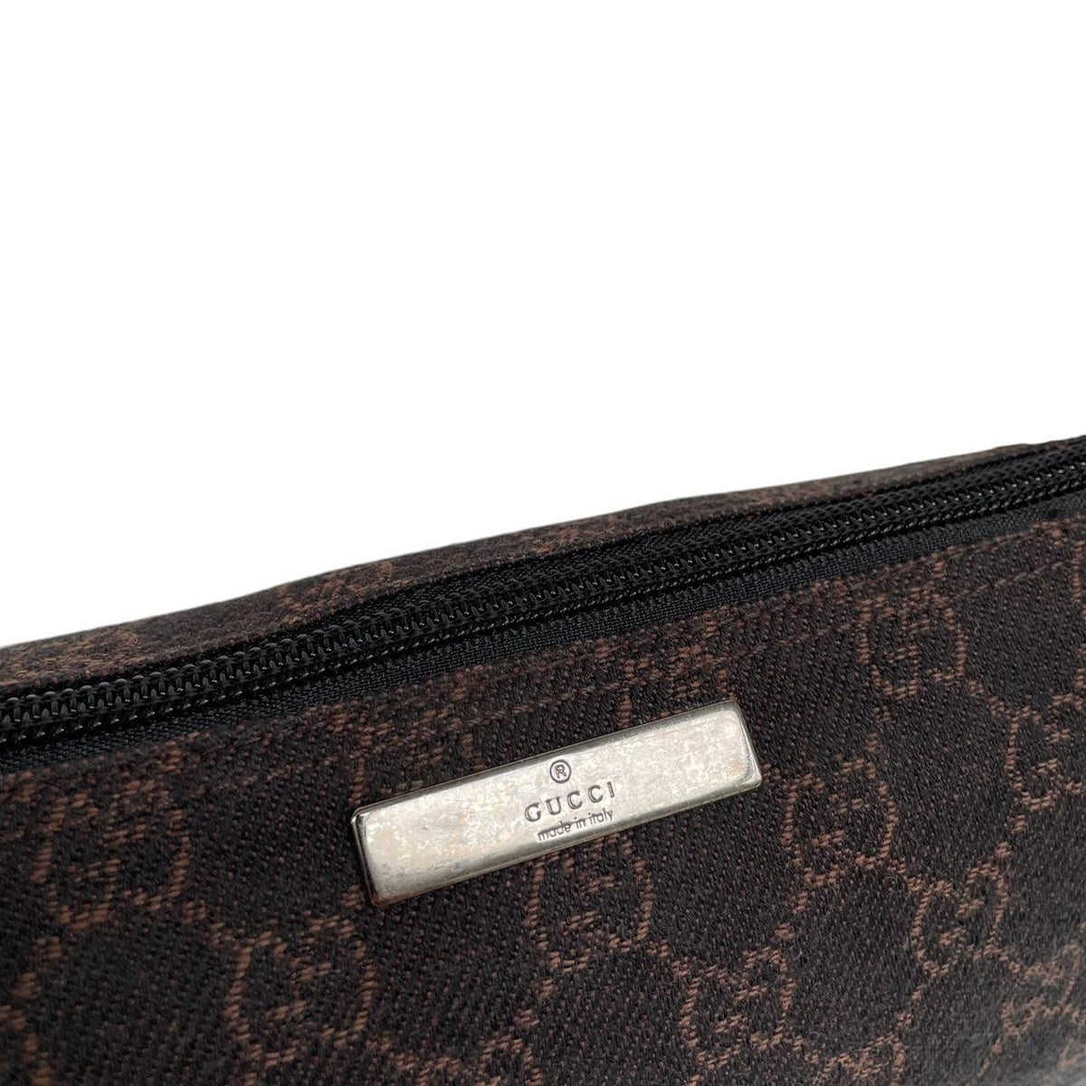 Gucci black and brown GG monogram canvas mini boat pochette bag with metal logo.