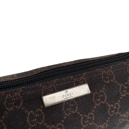 Gucci black and brown GG monogram canvas mini boat pochette bag with metal logo.