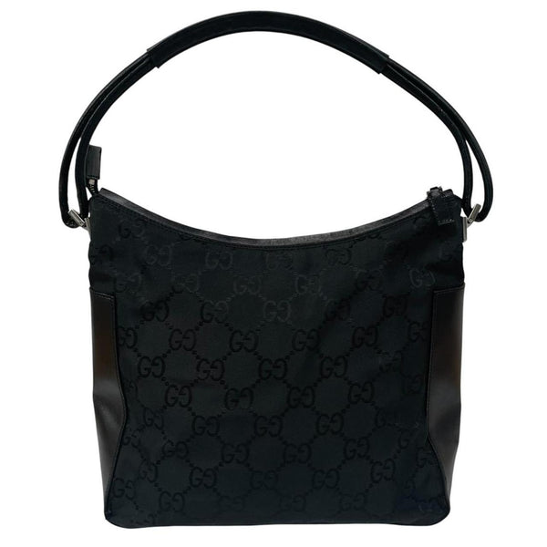 Gucci black hobo shoulder bag with monogram canvas and leather detailing.