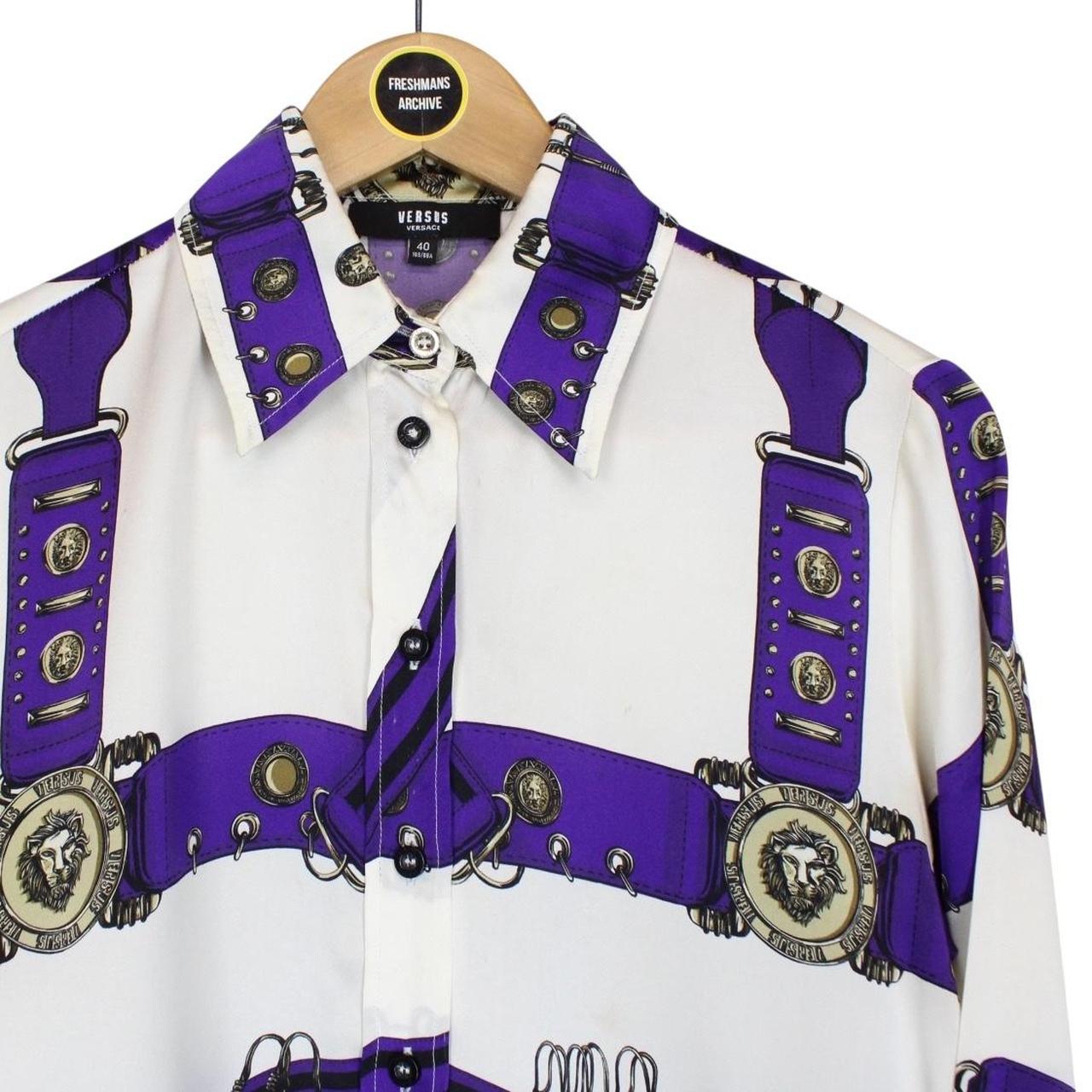 Versus Versace Cream and Purple Long Sleeve Belt Print Silk Shirt