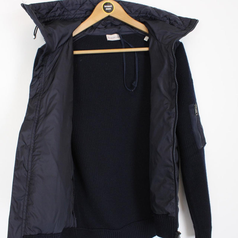 Moncler Navy Blue Full Zip Wool/Down Hooded Tricot Cardigan Jacket