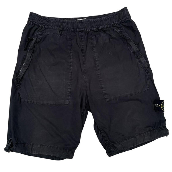 Stone Island black cargo shorts with logo patch and cotton material, size medium.