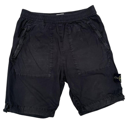 Stone Island black cargo shorts with logo patch and cotton material, size medium.