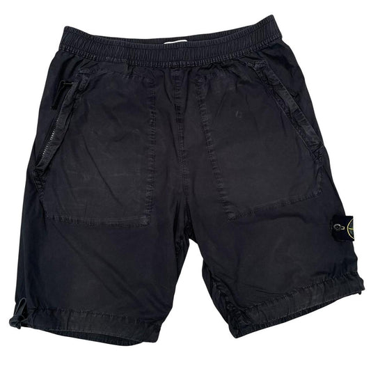 Stone Island black cargo shorts with logo patch and cotton material, size medium.