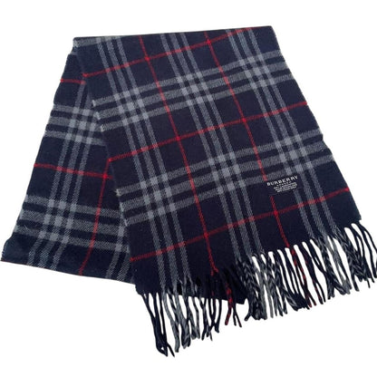 Vintage 90s Burberry Navy Blue Nova Check Lambswool Scarf